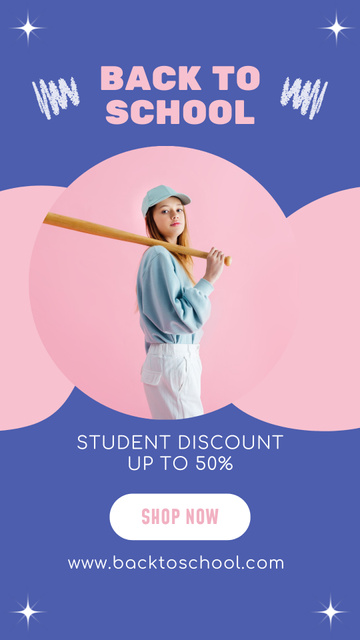 Student Sale Announcement with Girl with Baseball Bat Instagram Video Story Modelo de Design