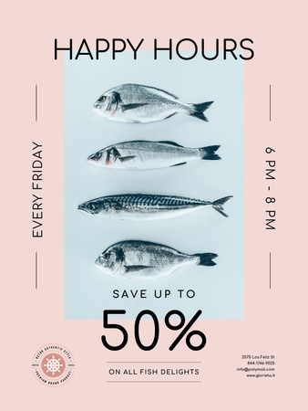 Happy Hours Offer on Fresh Fish Poster 36x48in Design Template