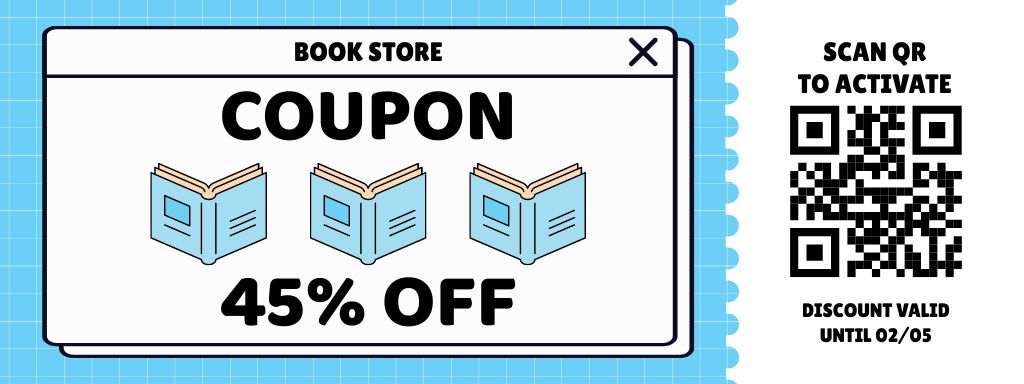 Discount in Bookstore on Blue and White Coupon Modelo de Design