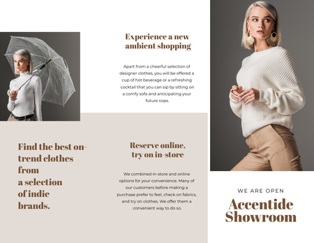 Template di design Showroom Offer with Woman in Stylish Clothes Brochure 8.5x11in Z-fold