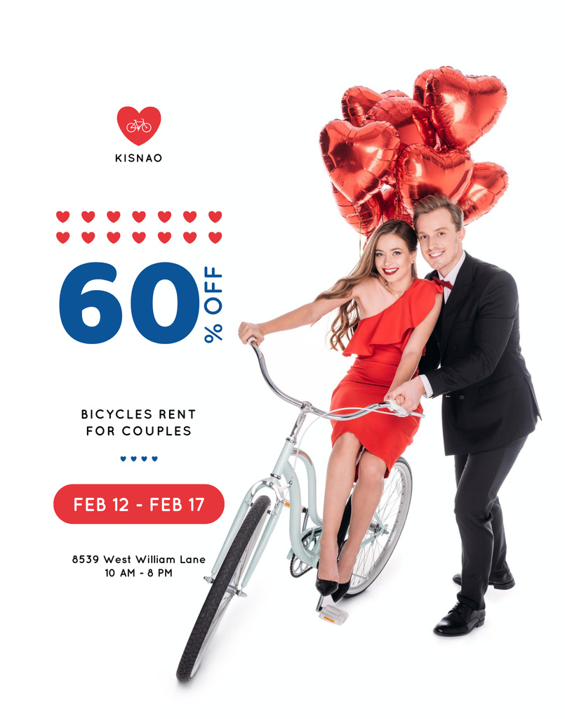 Couple with Rent Bicycle and Balloons on Valentine's Day Poster 22x28in Πρότυπο σχεδίασης