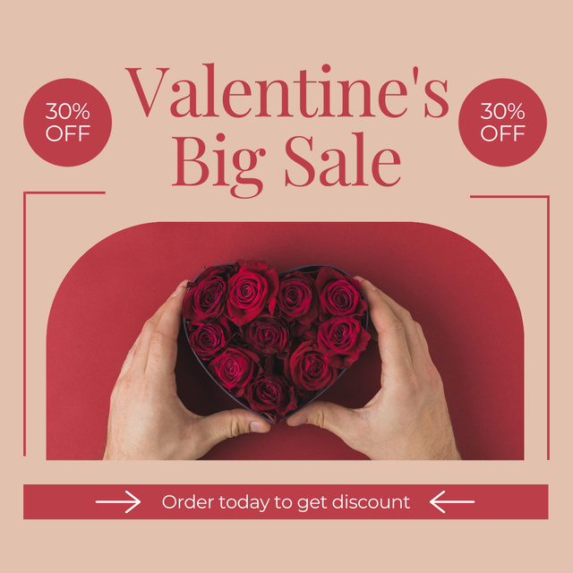 Valentine's Day Big Sale Announcement with Red Roses Instagram AD Design Template