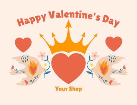 Plantilla de diseño de Saludo de San Valentín con palomas románticas y corazón. Thank You Card 5.5x4in Horizontal 