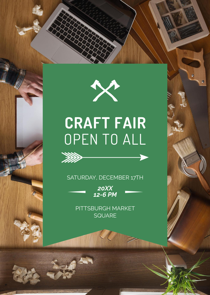 Craft Fair Announcement with Wooden Tools Postcard A6 Verticalデザインテンプレート