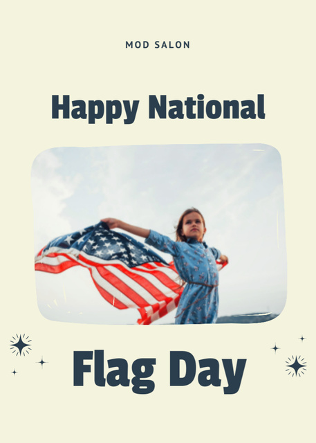 USA National Flag Day Holiday Greeting with Little Girl Postcard 5x7in Vertical Design Template