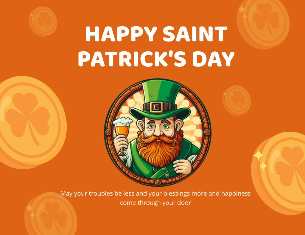 Designvorlage Happy Patrick's Day Greeting with Red Bearded Leprechaun für Thank You Card 5.5x4in Horizontal