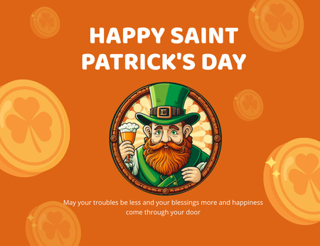 Happy Patrick's Day Greeting with Red Bearded Leprechaun Thank You Card 5.5x4in Horizontal Design Template