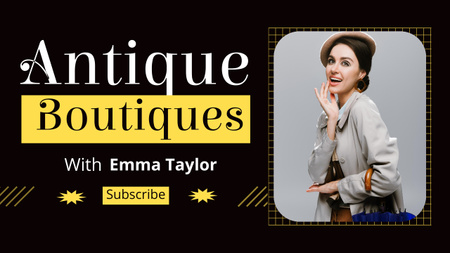 Промо антикварного бутика с красивой женщиной Youtube Thumbnail – шаблон для дизайна