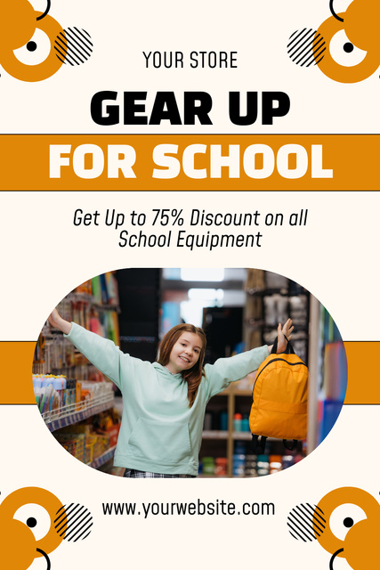 Discount on All School Equipment with Cheerful Girl Pinterest Modelo de Design