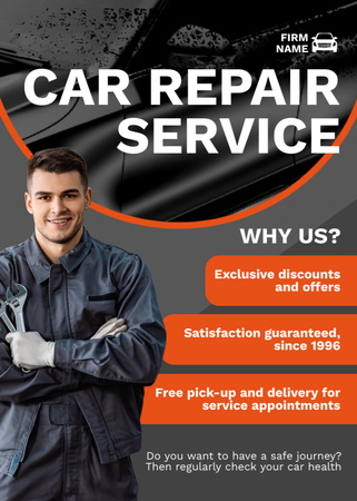 Car Service Ad with Worker holding Tools Flayer Design Template