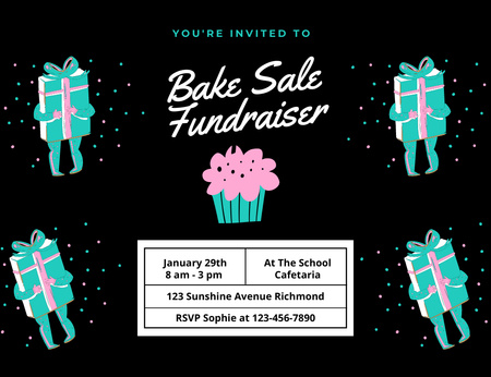 Platilla de diseño Bake Sale Fundraiser With Cupcake And Gifts Invitation 13.9x10.7cm Horizontal