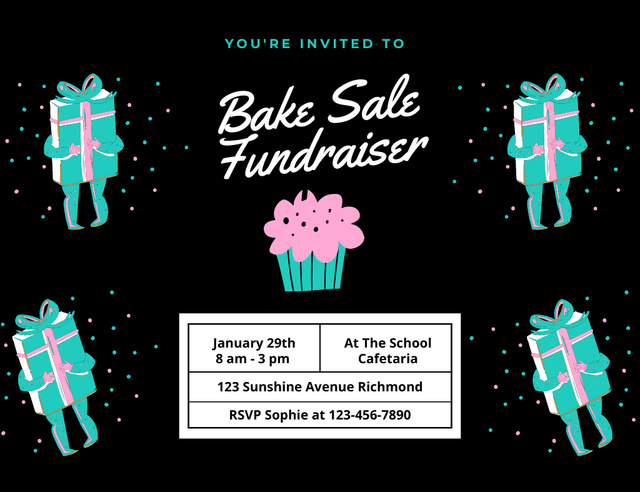 Bake Sale Fundraiser With Cupcake And Gifts Invitation 13.9x10.7cm Horizontal Tasarım Şablonu