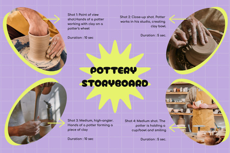 Plantilla de diseño de Proceso de producción de cerámica en morado. Storyboard 