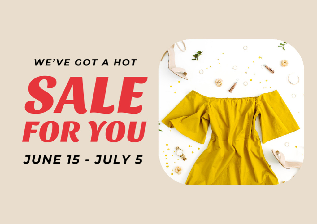 Template di design Clothes Sale with Cute Yellow Female Outfit Flyer A5 Horizontal