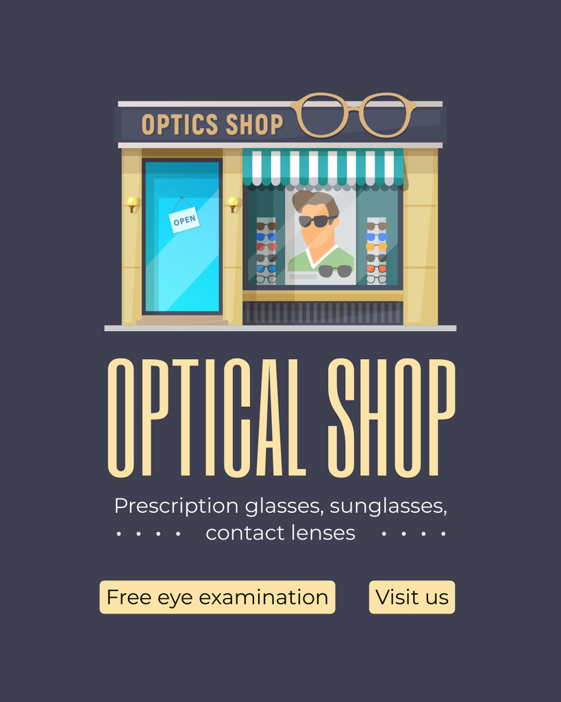 Ontwerpsjabloon van Instagram Post Vertical van Optical Store Showcase with Additional Eye Exam Service
