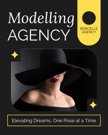 Plantilla de diseño de Anuncio de agencia de modelos con mujer con sombrero negro Instagram Post Vertical 
