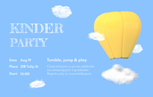 Kid's Party Announcement With Hot Air Balloon in Clouds Invitation 4.6x7.2in Horizontalデザインテンプレート