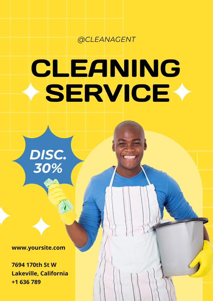 Cleaning Service Ads with Man in Uniform Poster Πρότυπο σχεδίασης
