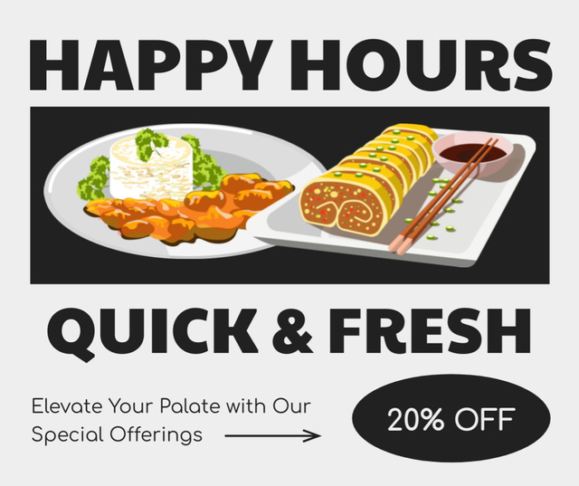 Ontwerpsjabloon van Facebook van Promo of Happy Hours with Fresh Tasty Food