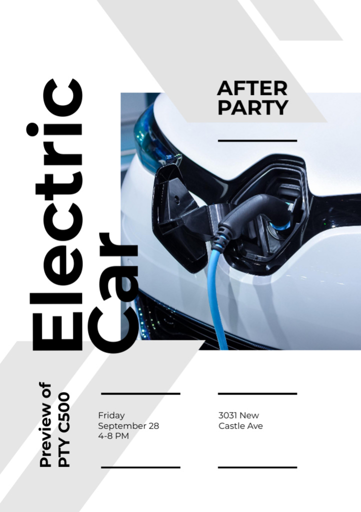 Plantilla de diseño de After Party Invitation with Charging Electric Car with Power Cable Flyer A7 