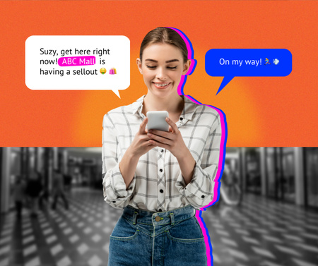 Girl messaging her friend about Sale Facebook Design Template