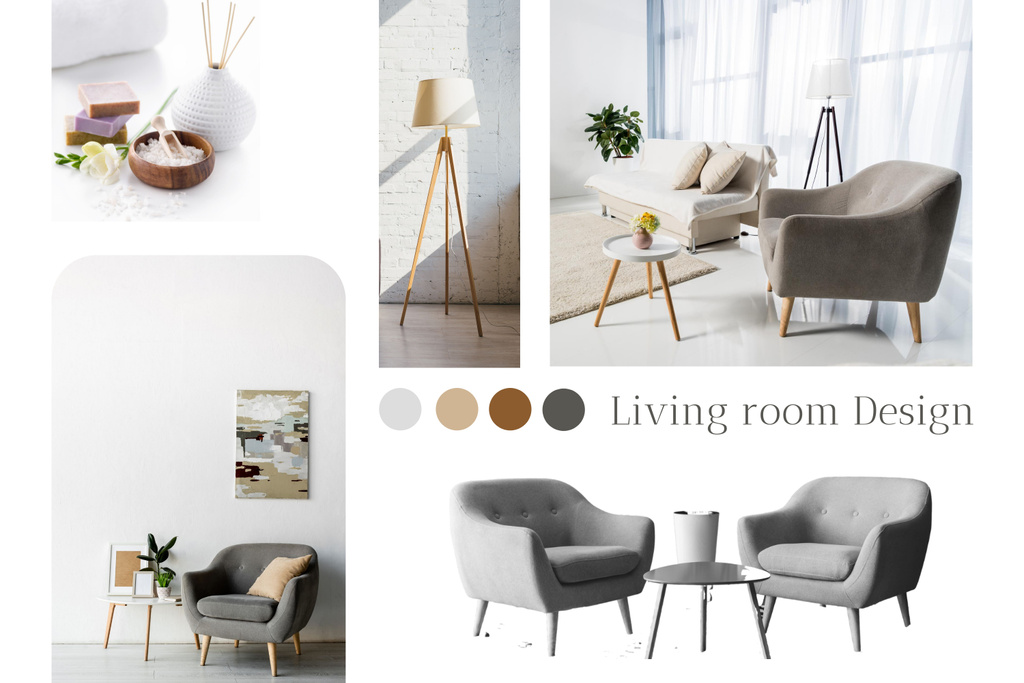 Design of Grey and Beige Living Room on White Mood Board Design Template