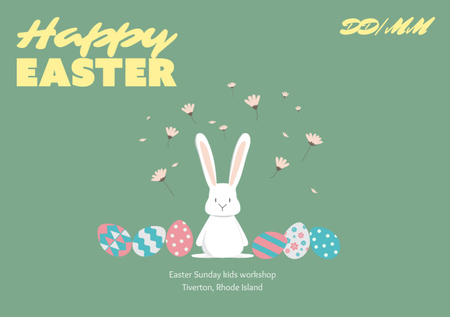 Platilla de diseño Easter Celebration Announcement with Cute Bunny and Decorated Eggs Flyer A5 Horizontal
