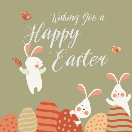 Cartoon Easter bunnies with colored eggs Animated Post Design Template