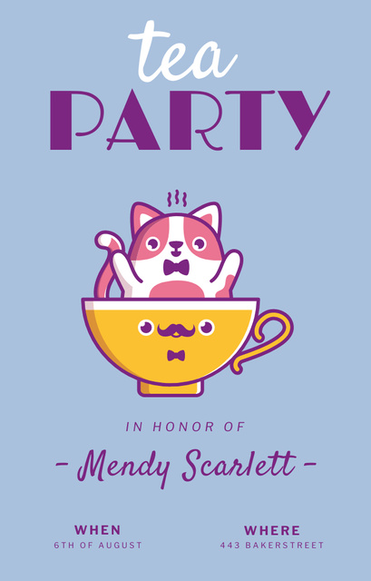 Tea Party Announcement With Cat And Cup Invitation 4.6x7.2in Modelo de Design