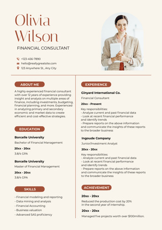 Plantilla de diseño de Lista de habilidades de consultor financiero Resume 