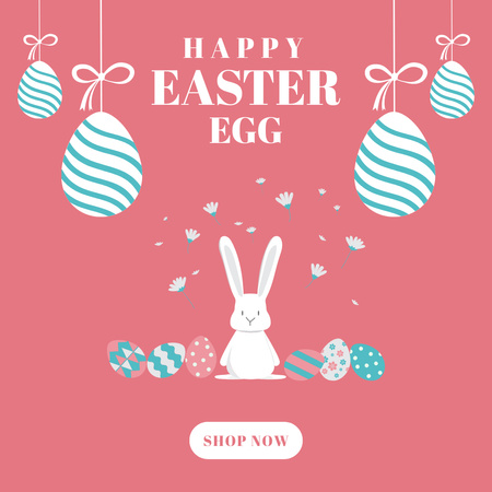 Happy Easter Greeting with Cute Bunny and Colored Eggs Instagram Design Template