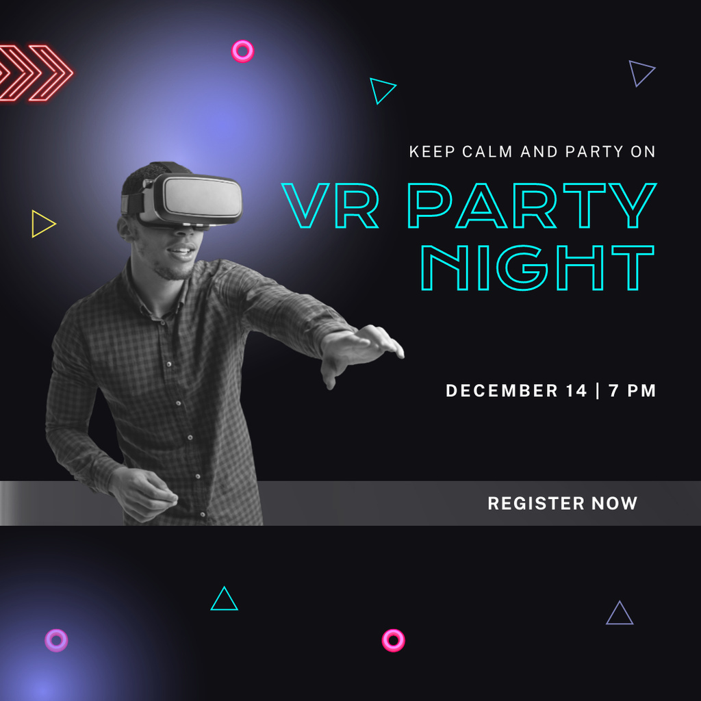 Virtual Reality Party Announcement with Man using Headset Instagram Tasarım Şablonu