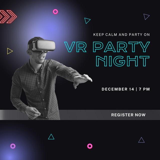 Virtual Reality Party Announcement with Man using Headset Instagramデザインテンプレート