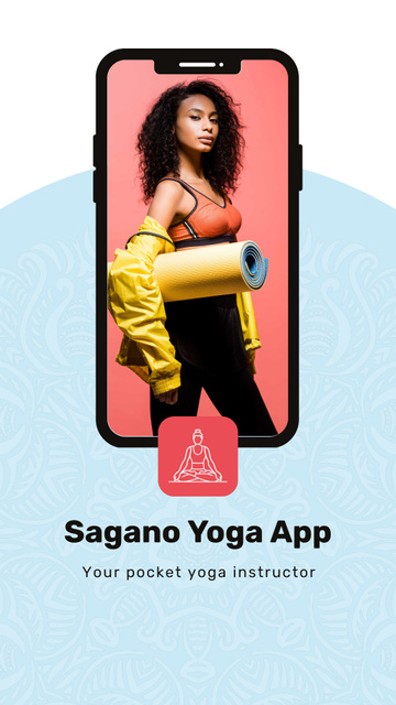 Template di design Yoga App Ad with athlete woman on phone screen Instagram Video Story