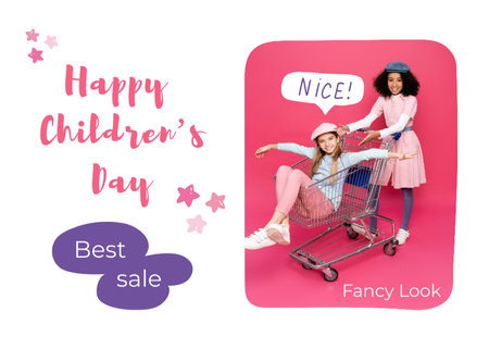 Gyereknapi kiárusítási ajánlat mosolygós lányokkal és kocsival Postcard 5x7in tervezősablon