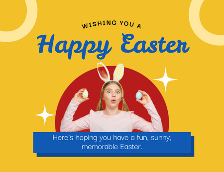 Plantilla de diseño de Saludo de vacaciones de Pascua con una jovencita en orejas de conejo con huevos de Pascua Thank You Card 5.5x4in Horizontal 