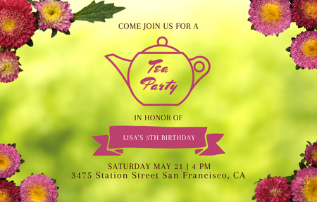 Announcement Of Lovely Birthday Tea Party With Flowers Invitation 4.6x7.2in Horizontalデザインテンプレート