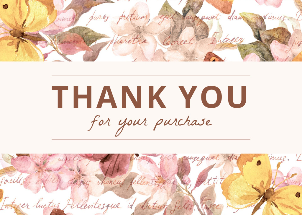 Designvorlage Thank You Message with Watercolor Flowers and Yellow Butterflies für Card