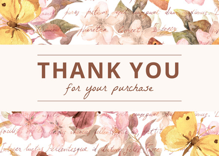 Suluboya Çiçekler ve Sarı Kelebekler ile Teşekkür Mesajı Card Tasarım Şablonu