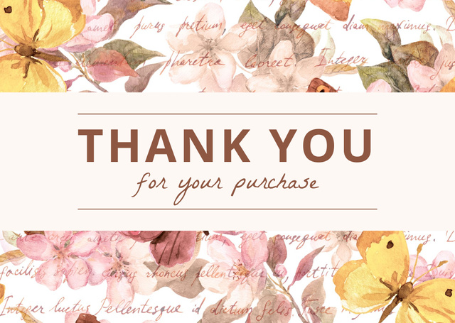 Thank You Message with Watercolor Flowers and Yellow Butterflies Cardデザインテンプレート