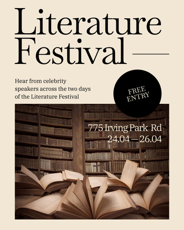 Literature Festival Announcement with Books on Beige Poster 16x20in Design Template