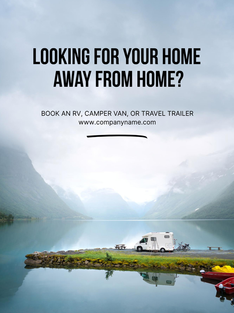 Travel Trailer Rental Offer with Beautiful Mountain Lake Poster US Design Template
