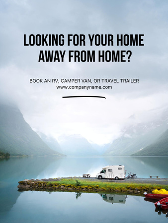 Travel Trailer Rental Offer with Beautiful Mountain Lake Poster US Design Template