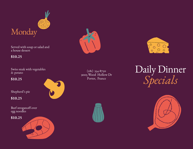 Special Daily Menu for Dinner Menu 11x8.5in Tri-Fold – шаблон для дизайна