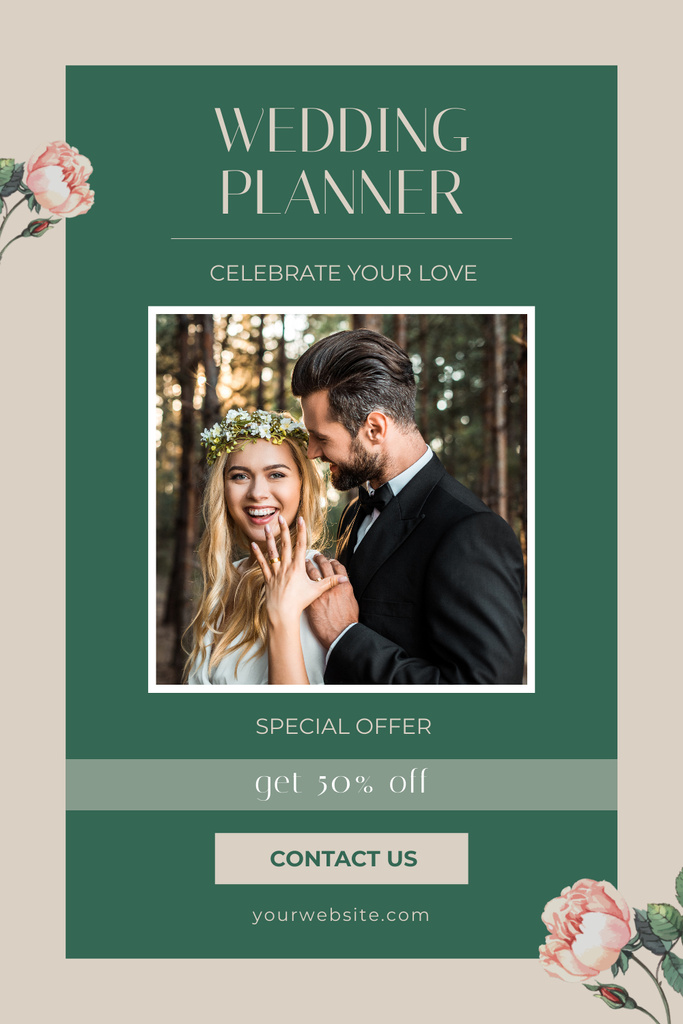 Wedding Agency Ad with Cheerful Couple Pinterest Modelo de Design