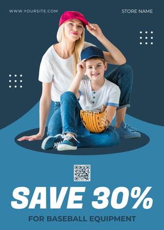 Mother and Son in Caps sitting on Floor with Baseball Glove Flayer Design Template