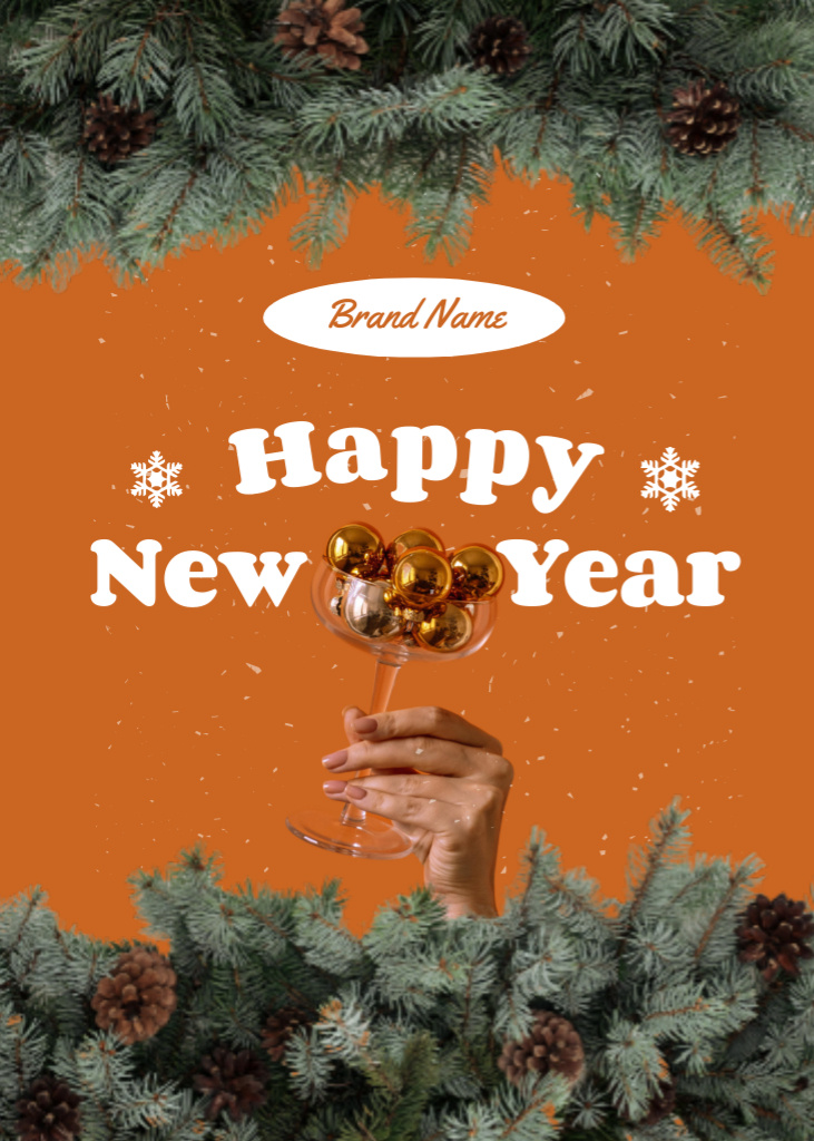 New Year Bright Greeting with Pine Cones on Tree Postcard 5x7in Vertical Design Template