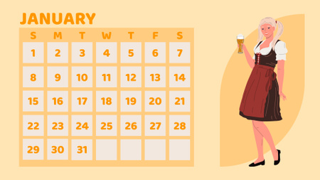 Illustration of Waitress with Beer Calendar Tasarım Şablonu