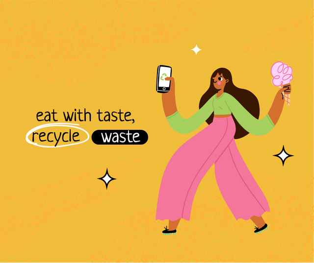 Ontwerpsjabloon van Facebook van Waste Recycling Motivation with Girl holding Phone and Ice Cream