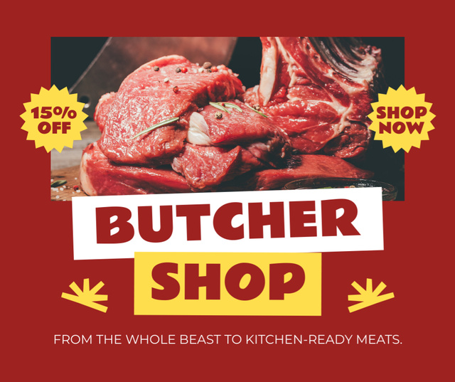 Butcher's Latest Arrivals Alert on Red Facebook Design Template
